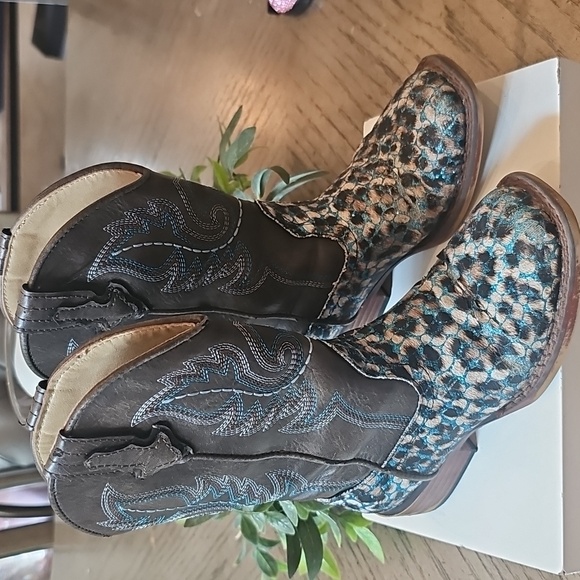 Roper Leopard Brown Blue Glitter Western Boots Size 11 Square Toe - Picture 10 of 10